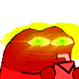A deep-fried red Peepo frog rapidly sipping a drink while spinning with glowing green eyes.
