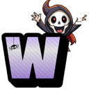 Grim reaper character with a happy expression peeking out from behind a large purple letter W with a small spider hanging fr…