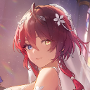 Verthandi with red hair and heterochromia eyes smiling gently while wearing a white bridal veil.