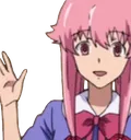 Yuno Gasai with pink hair waving her hand in a friendly gesture.