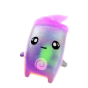 A small, glowing, pink and purple blob creature with large eyes and a spiral on its belly looking confused.