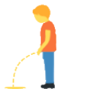 A stylized person standing and urinating into a small bowl.