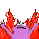 A purple monster with wide eyes and raised arms standing in front of a raging fire.