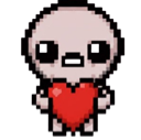 Isaac from The Binding of Isaac holding a large red heart against his chest.