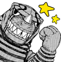 A toothy creature with a wide, aggressive grin pumping its fist in the air with yellow stars floating nearby.