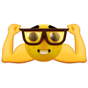 Nerd emoji with glasses flexing biceps while smiling.