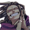 A character with a wild, wide-toothed grin and tongue sticking out, holding their hands together in a plotting gesture.