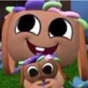 Chii smiling with large eyes while holding a smaller matching plushie.
