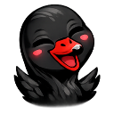 Black swan with a bright red beak smiling happily with closed eyes and blushing cheeks.