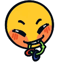 Yellow face with a mischievous grin chewing on a set of colorful rings.