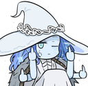 Ranni the Witch with blue hair and a large hat flipping the bird with multiple hands.