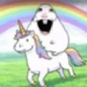 A wide-eyed, grinning hamster riding a white unicorn in front of a rainbow.