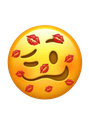 Yellow emoji face with a woozy expression covered in multiple red lipstick kiss marks.