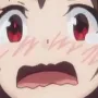 Yunyun from Konosuba with a bright red blush and a shocked, open-mouthed expression.
