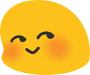 Yellow circular face with a shy, closed-eye smile and rosy cheeks.