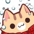 A cute brown cat wearing a red scarf with snow falling in the background.