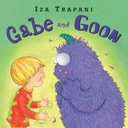 A young boy with blonde hair stands facing a large, fuzzy purple monster with big eyes.