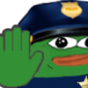 Pepe the Frog wearing a police hat and badge holding up his hand to signal a stop.