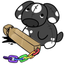 A black and white stitched dog plushie holding a wooden club attached to a rainbow chain.