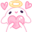 A cute white creature with a golden halo holding a pink heart while surrounded by floating hearts.