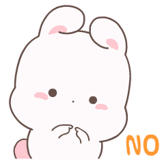A white cartoon bunny with pink ears and cheeks looking shy and saying no in orange text.