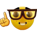 Yellow emoji face wearing large black glasses and buck teeth, holding one finger up as if making a point.