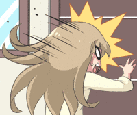 Anime girl getting hit in the face by a large yellow impact star while leaning against a wall.