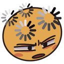 Yellow smiley face with a skeptical expression and multiple loading icons spinning around its head.