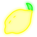 A pixelated yellow lemon with a green leaf on a black background.