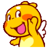 Yellow cartoon creature with small wings waving its hand with a happy expression.