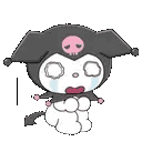 Kuromi crying with large white eyes and tears streaming down her face.
