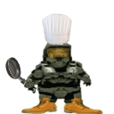 Master Chief wearing a white chef hat and holding a frying pan in a chibi art style.