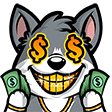 A cartoon wolf with dollar signs for eyes and gold teeth holding stacks of cash in both hands.