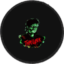 Zombie with green skin and messy hair wearing a shirt with the word Thriller in red text.
