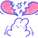 A small white bunny with pink cheeks sitting under a floating broken heart.