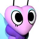 Heart-shaped pink creature with large, wide eyes looking curiously to the side.