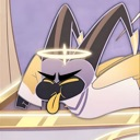 A stylized cartoon angel character with a halo making a sarcastic face with their tongue sticking out.