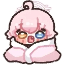 A cute pink creature with one orange eye and one blue eye wrapped in a blanket looking dazed and confused.