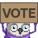 Four pixelated owls standing in a row holding up brown signs that spell out VOTE.