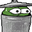 Pepe the Frog with wide, anxious eyes looking out from inside a metal trash can.