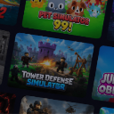 Roblox game selection interface showing various game thumbnails.