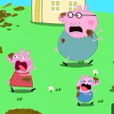 Peppa Pig, Daddy Pig, and George Pig screaming in panic while covered in mud.