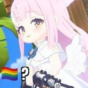 Anime angel girl looking confused next to a rainbow flag and a question mark.