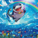 A cute, smiling shark leaping out of the ocean with a rainbow arching overhead.