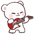 Milk bear playing a red electric guitar with a happy expression.