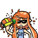 An Inkling character with orange hair holding a water gun to their head with a frustrated expression.