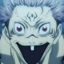 Sukuna from Jujutsu Kaisen with a wide, unhinged, and toothy grin.