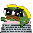 Pepe the Frog with a grumpy expression typing rapidly on a keyboard.