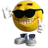 Yellow smiley face wearing black sunglasses and white sneakers posing with a smug grin.
