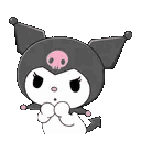 Kuromi covering her face with her hands while looking shy.